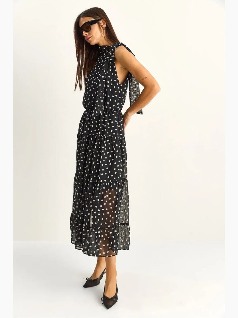 Abito midi a pois con collo all’americana lucci Nero - Kiabi