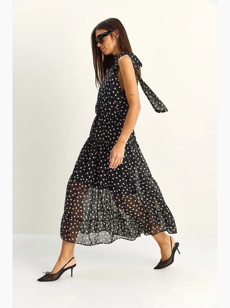 Abito midi a pois con collo all’americana lucci Nero - Kiabi