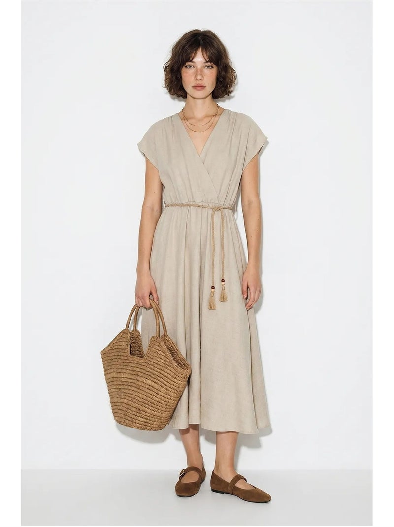 Abito midi a portafoglio con cintura lucci Beige argilla - Kiabi