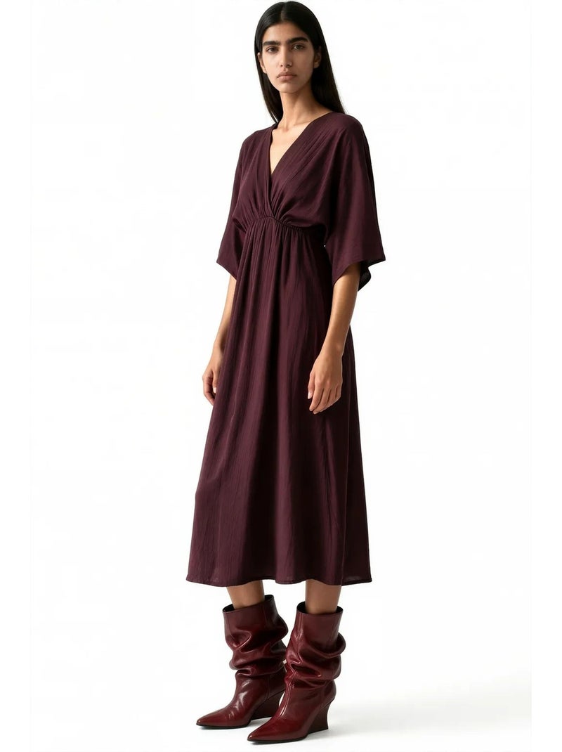 Abito midi a portafoglio con scollo a v e maniche a tre quarti busem Rosso bordeaux - Kiabi