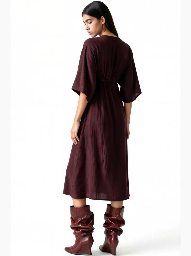 Abito midi a portafoglio con scollo a v e maniche a tre quarti busem Rosso bordeaux - Kiabi