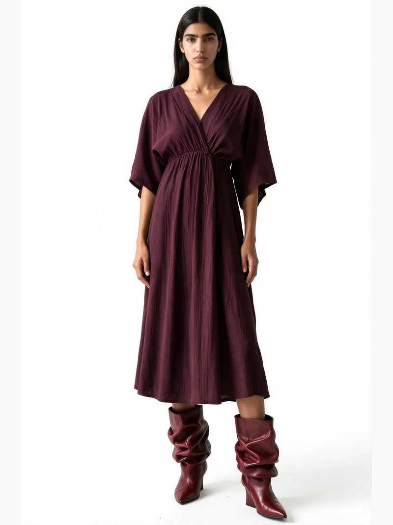 Abito midi a portafoglio con scollo a v e maniche a tre quarti busem Rosso bordeaux - Kiabi