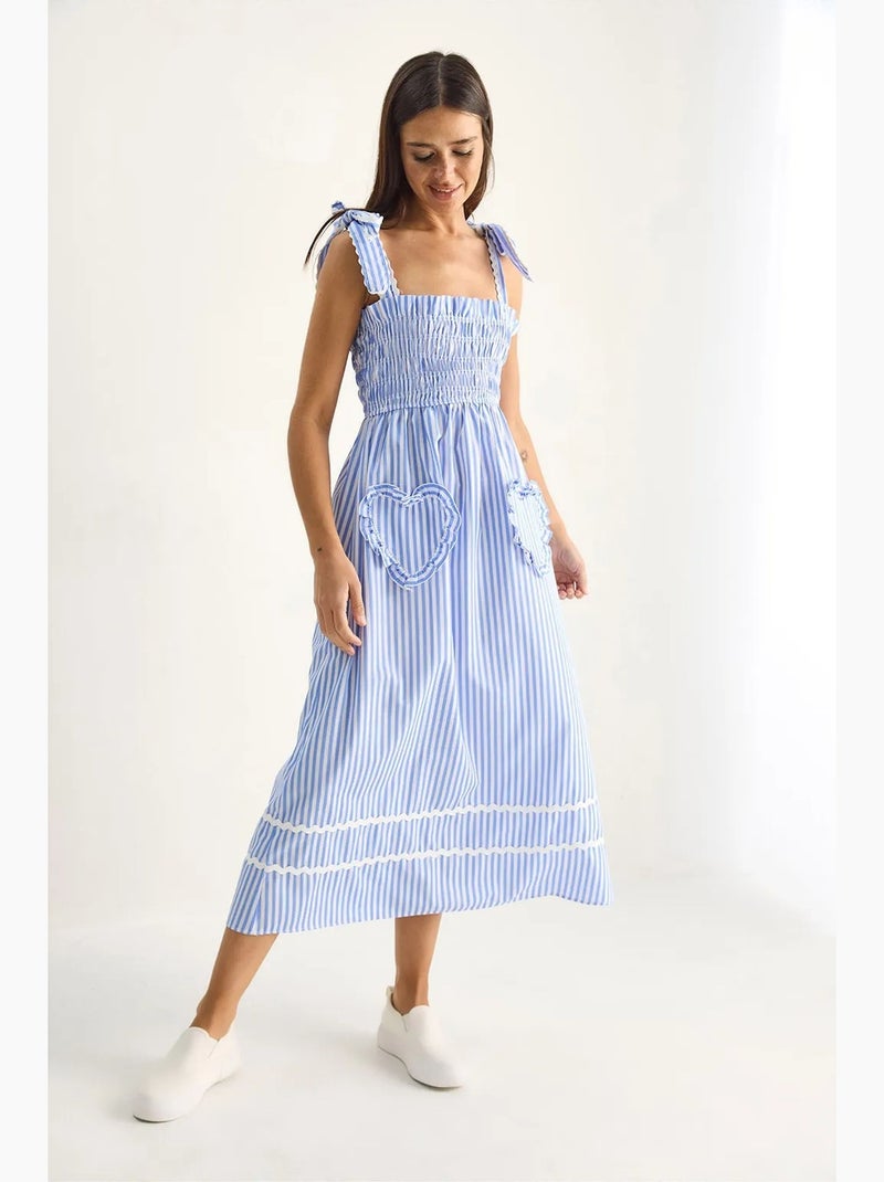 Abito midi a righe con colletto quadrato lucci Blu cielo - Kiabi