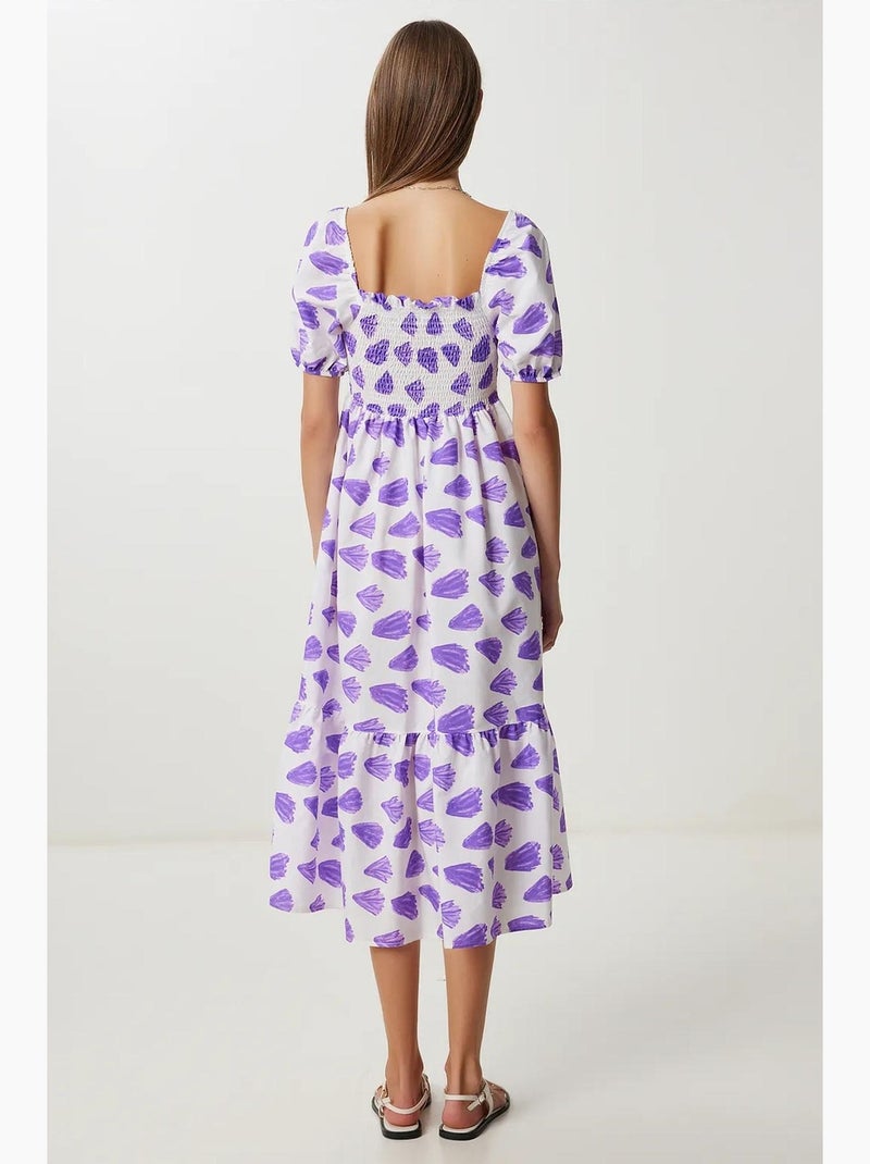 Abito midi a trapezio con stampa astratta, ruches e scollo quadrato istanbul Lavanda - Kiabi