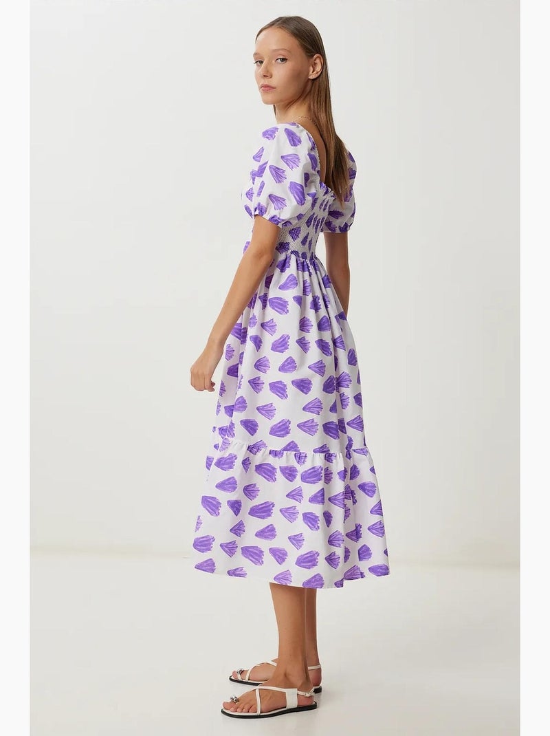 Abito midi a trapezio con stampa astratta, ruches e scollo quadrato istanbul Lavanda - Kiabi