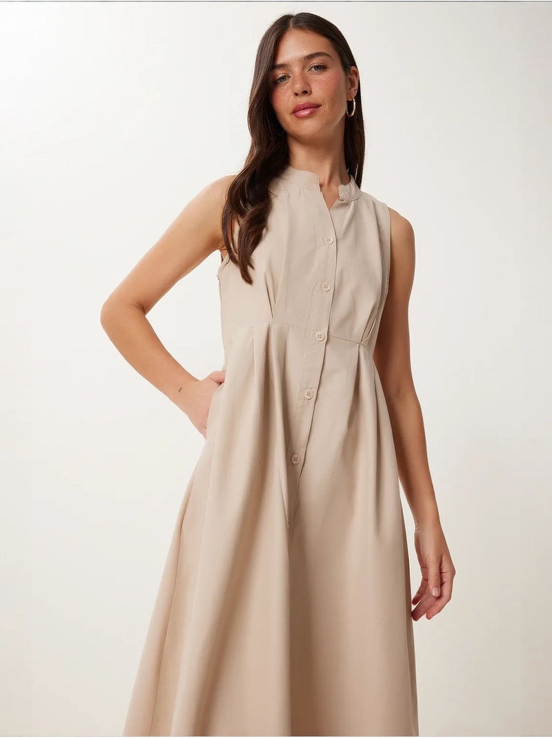 Abito midi a trapezio senza maniche con colletto alla coreana istanbul Beige argilla - Kiabi