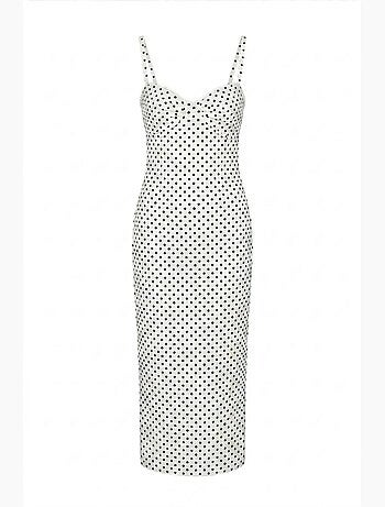 Abito midi aderente a pois senza spalline mixray