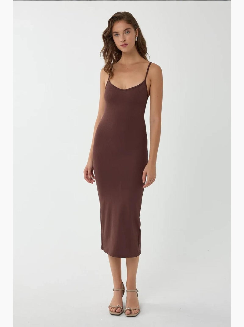 Abito midi aderente con scollo a v e spalline sottili hiccup Marrone - Kiabi