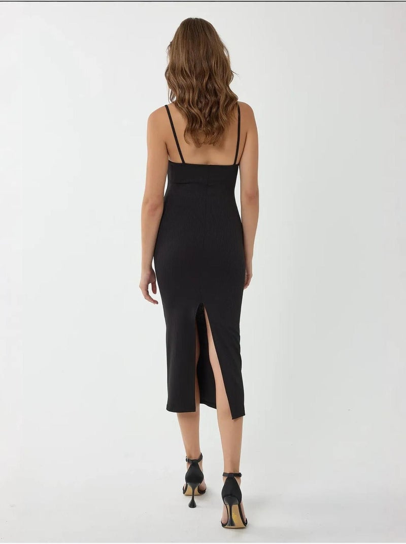 Abito midi aderente con scollo a V e spalline sottili Nero - Kiabi