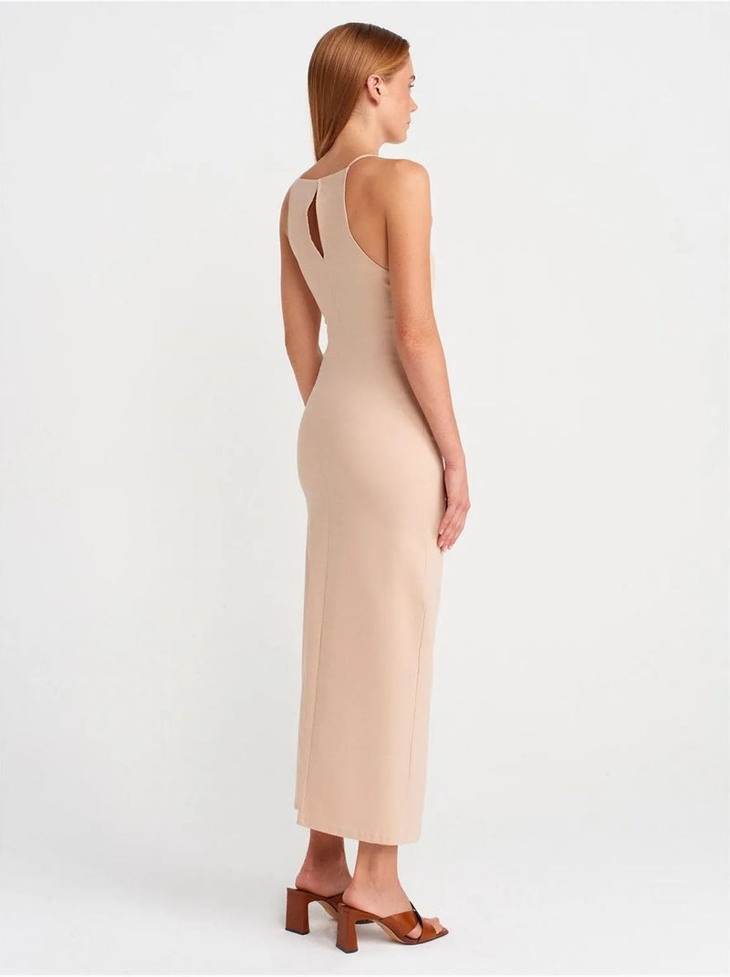 Abito midi aderente con scollo halter e spacco dilvin Beige argilla - Kiabi