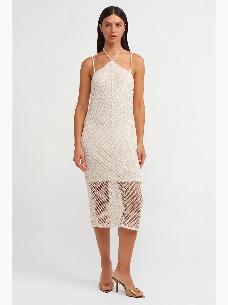 Abito midi allacciato al collo testurizzato con cut-out dilvin Crema - Kiabi