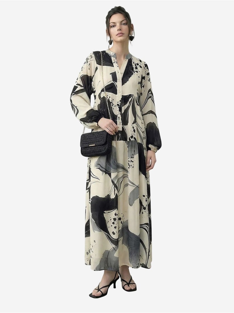 Abito midi astratto con scollo a v e maniche lunghe lucci Crema - Kiabi