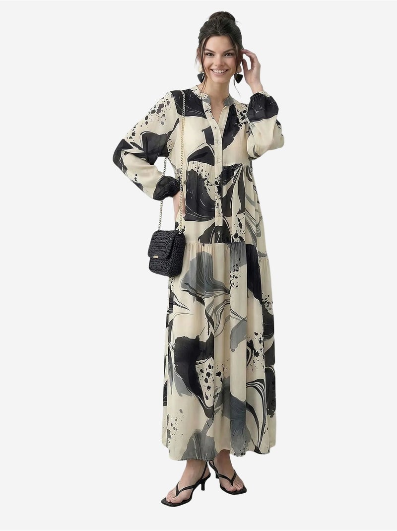 Abito midi astratto con scollo a v e maniche lunghe lucci Crema - Kiabi
