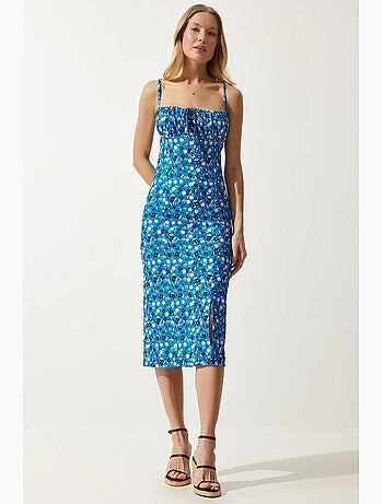 Abito midi bodycon a coste floreale con spacco istanbul