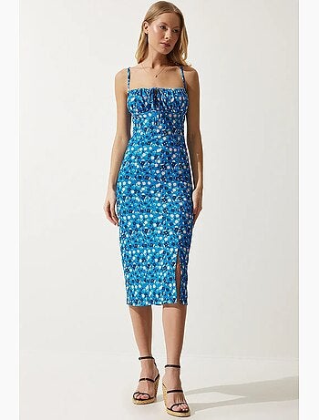 Abito midi bodycon a coste floreale con spacco istanbul