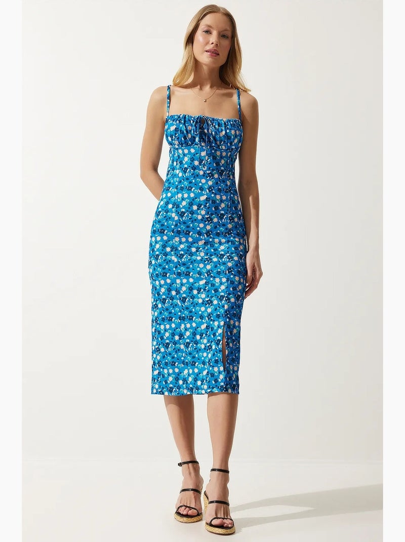 Abito midi bodycon a coste floreale con spacco istanbul Blu cobalto - Kiabi