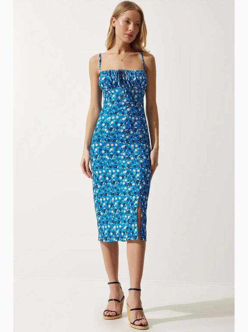 Abito midi bodycon a coste floreale con spacco istanbul Blu cobalto - Kiabi