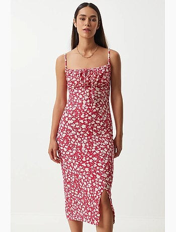 Abito midi bodycon a coste floreale con spacco istanbul