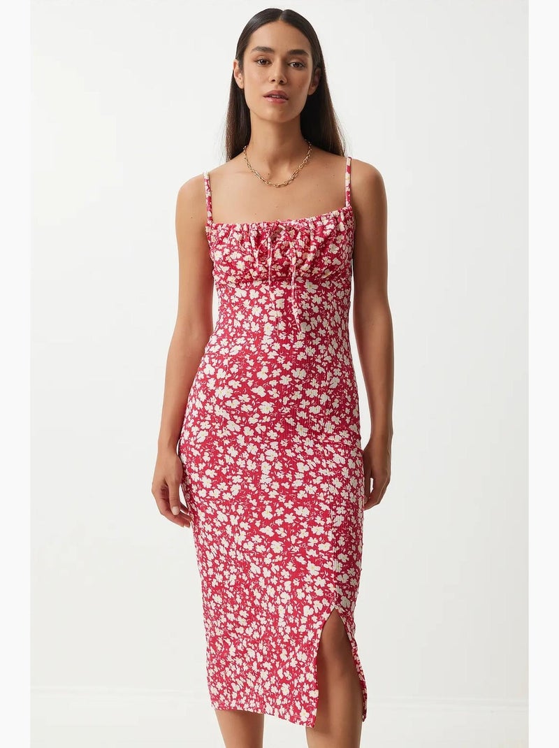 Abito midi bodycon a coste floreale con spacco istanbul Ciliegia - Kiabi
