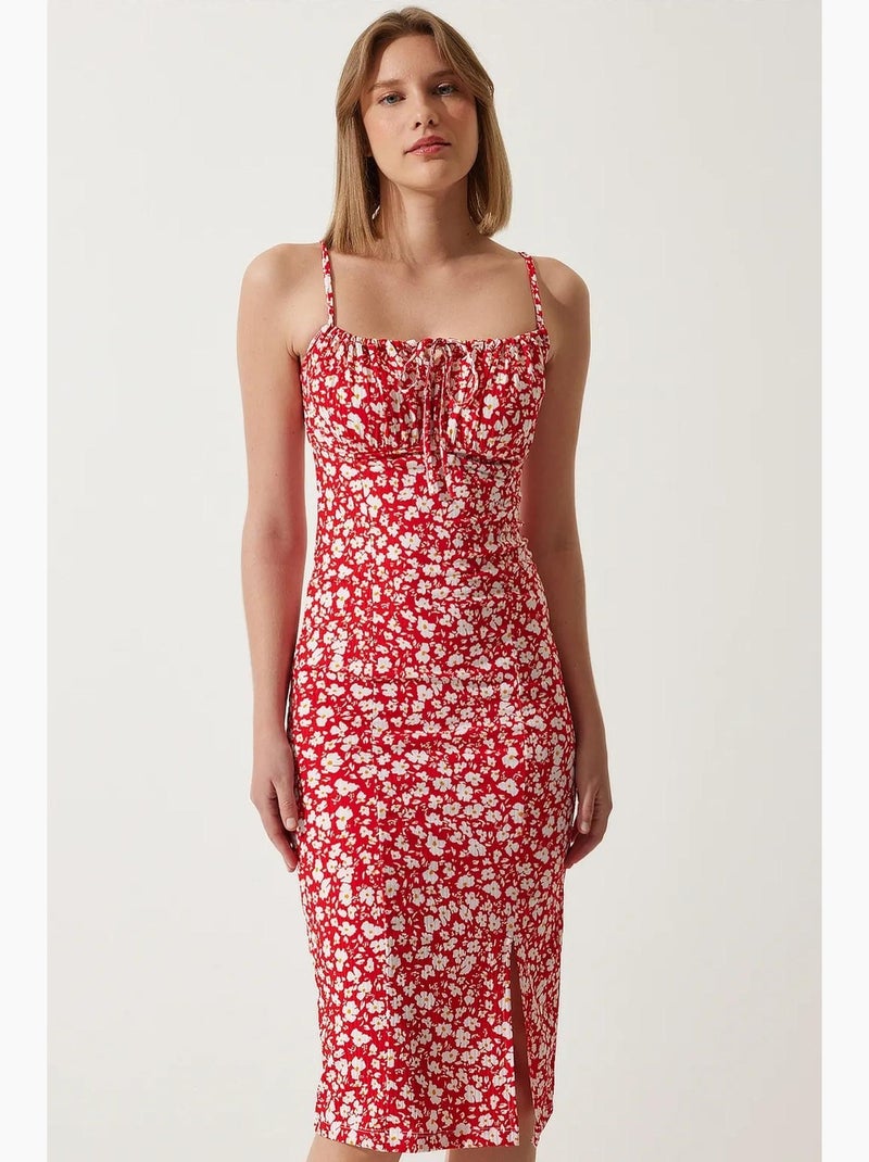 Abito midi bodycon a coste floreale con spacco istanbul Rosso carminio - Kiabi