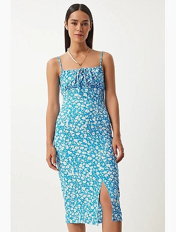 Abito midi bodycon a coste floreale con spacco istanbul