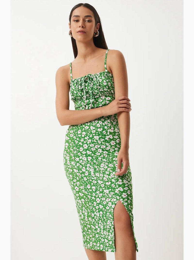 Abito midi bodycon a coste floreale con spacco istanbul Verde anice - Kiabi