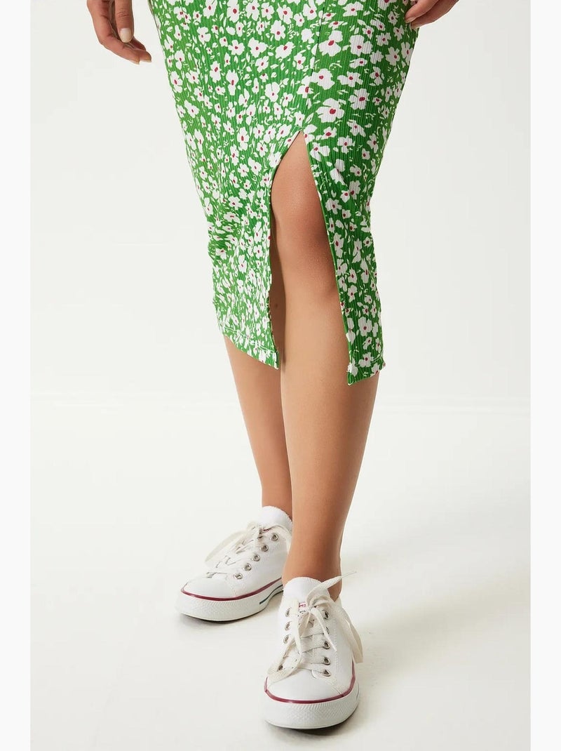 Abito midi bodycon a coste floreale con spacco istanbul Verde anice - Kiabi