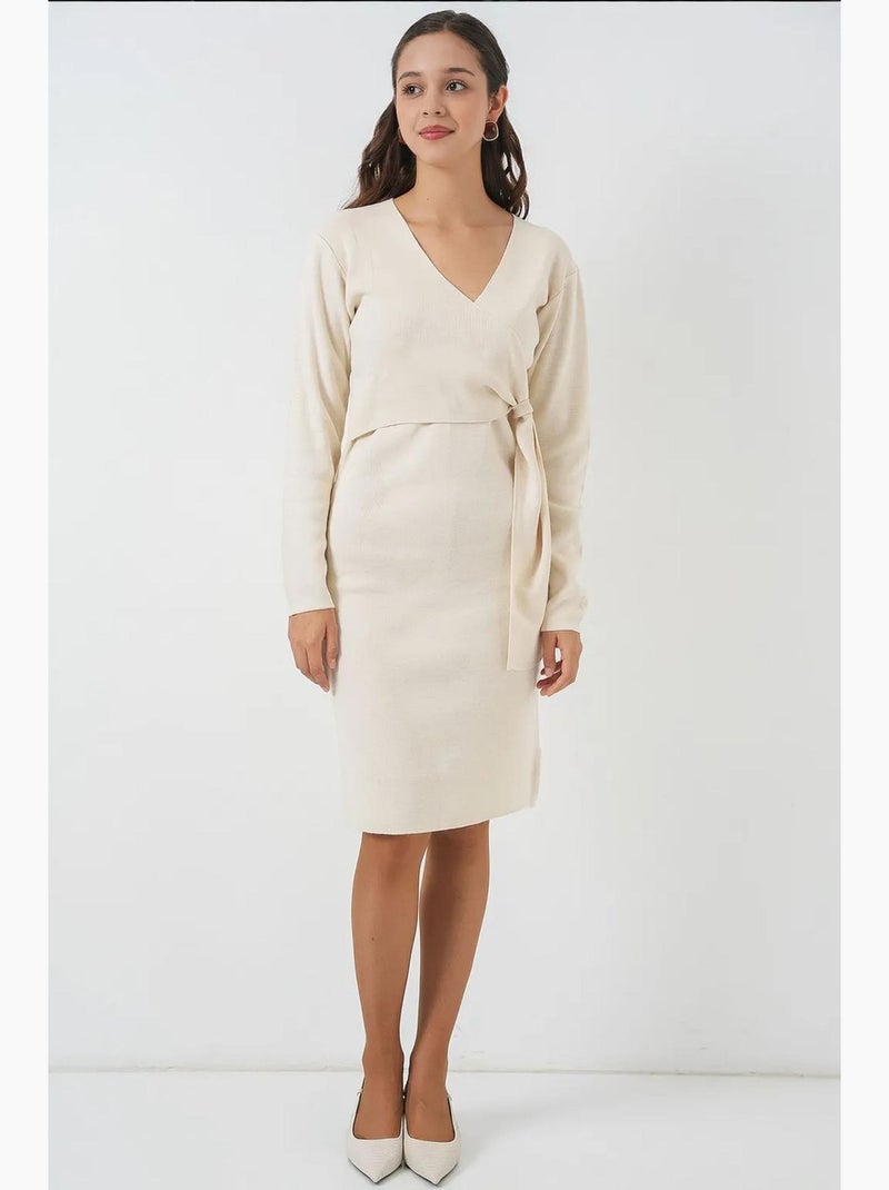 Abito midi bodycon con scollo a v e chiusura con laccetto bdart Avorio - Kiabi