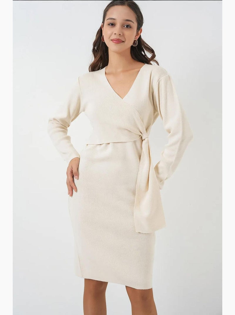 Abito midi bodycon con scollo a v e chiusura con laccetto bdart Avorio - Kiabi