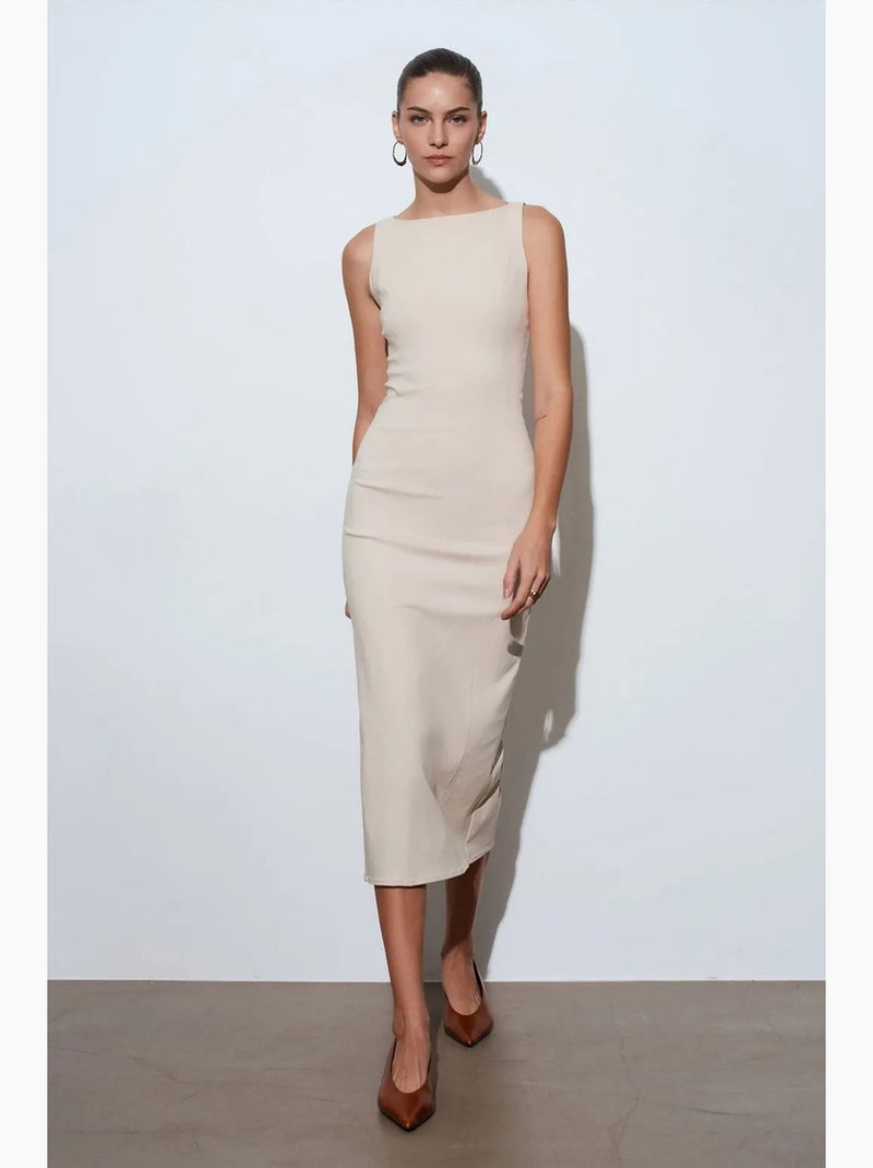 Abito midi bodycon senza maniche con spacco dilvin Beige argilla - Kiabi