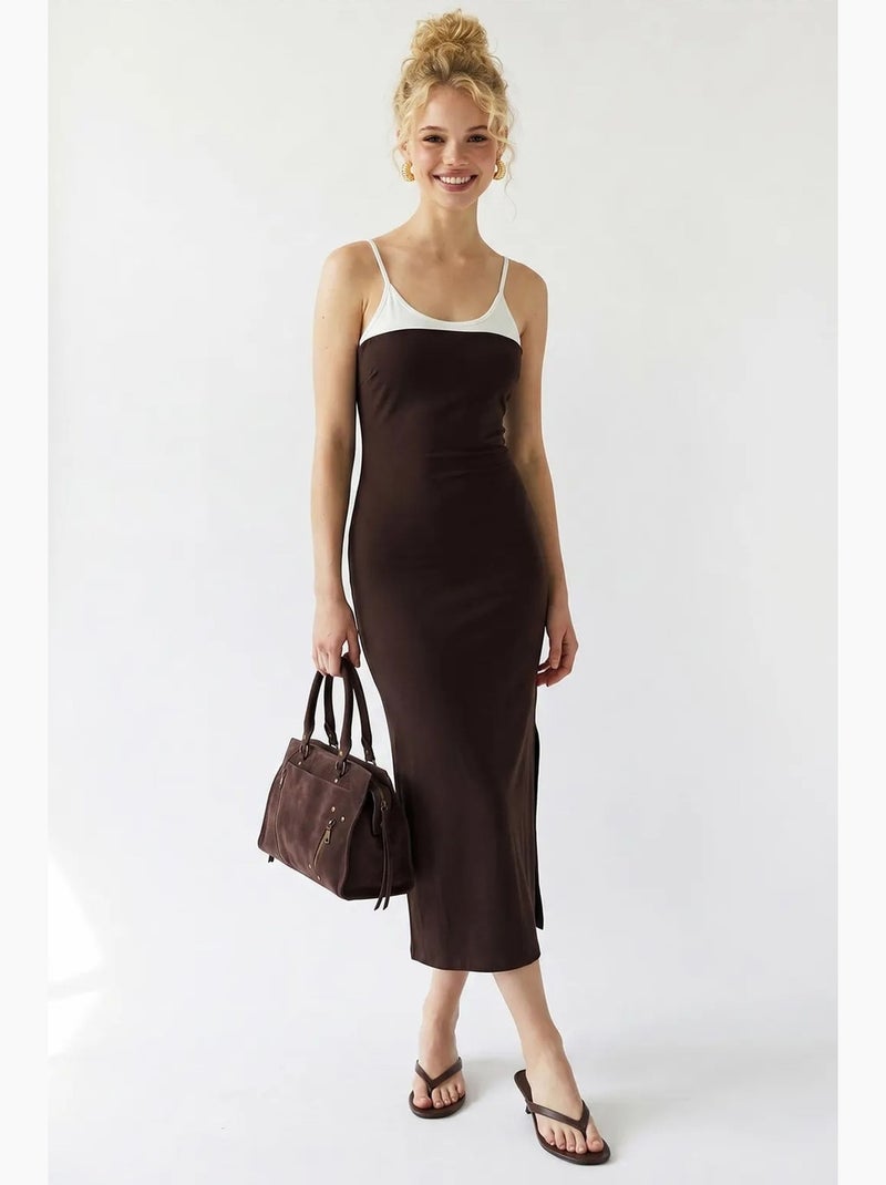 Abito midi bodycon senza maniche con spacco mixray Marrone cioccolato - Kiabi