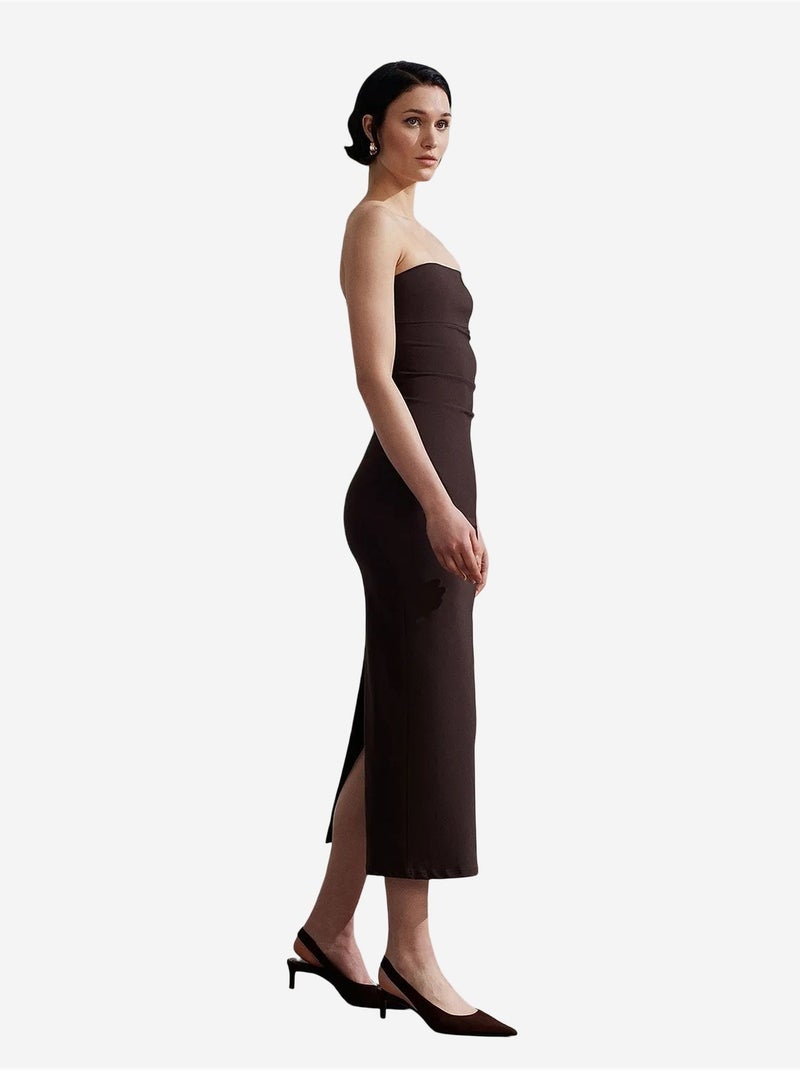 Abito midi bodycon senza spalline con spacco dilvin Marrone cioccolato - Kiabi