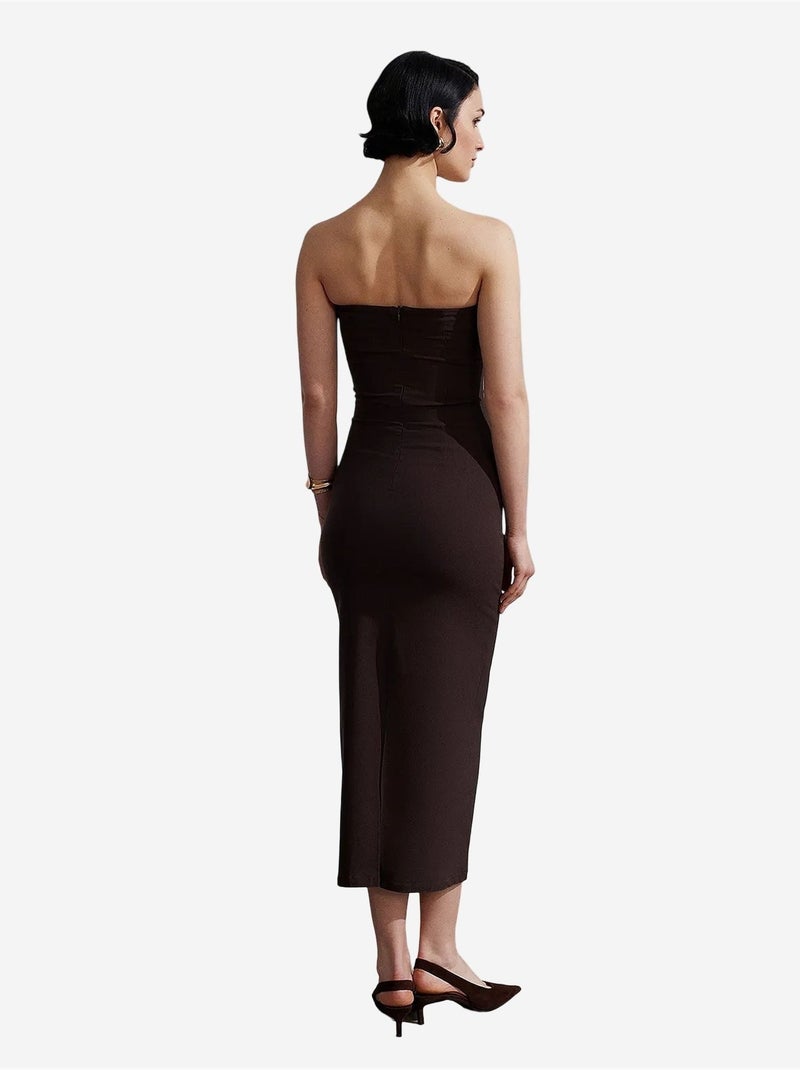 Abito midi bodycon senza spalline con spacco dilvin Marrone cioccolato - Kiabi