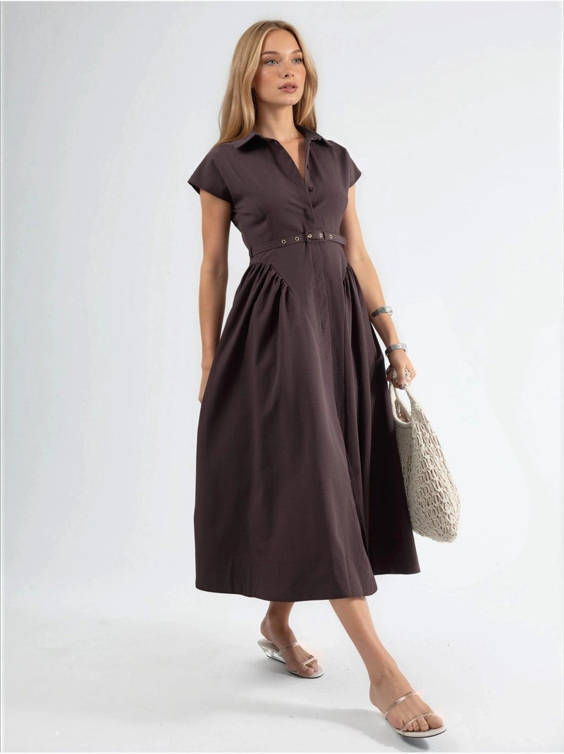Abito midi con cintura e colletto a camicia busem Marrone cioccolato - Kiabi