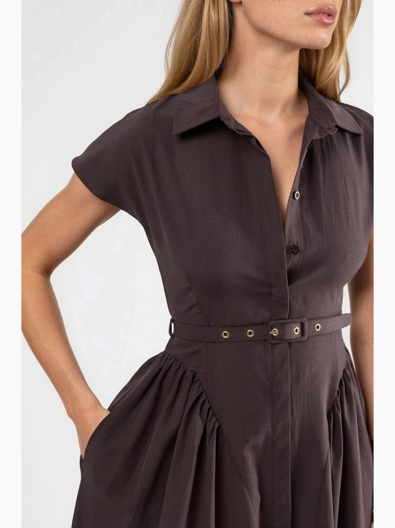 Abito midi con cintura e colletto a camicia busem Marrone cioccolato - Kiabi