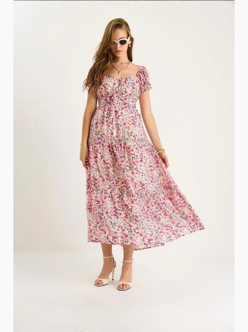 Abito midi con colletto a cuore e stampa floreale lucci Rosa chiaro - Kiabi