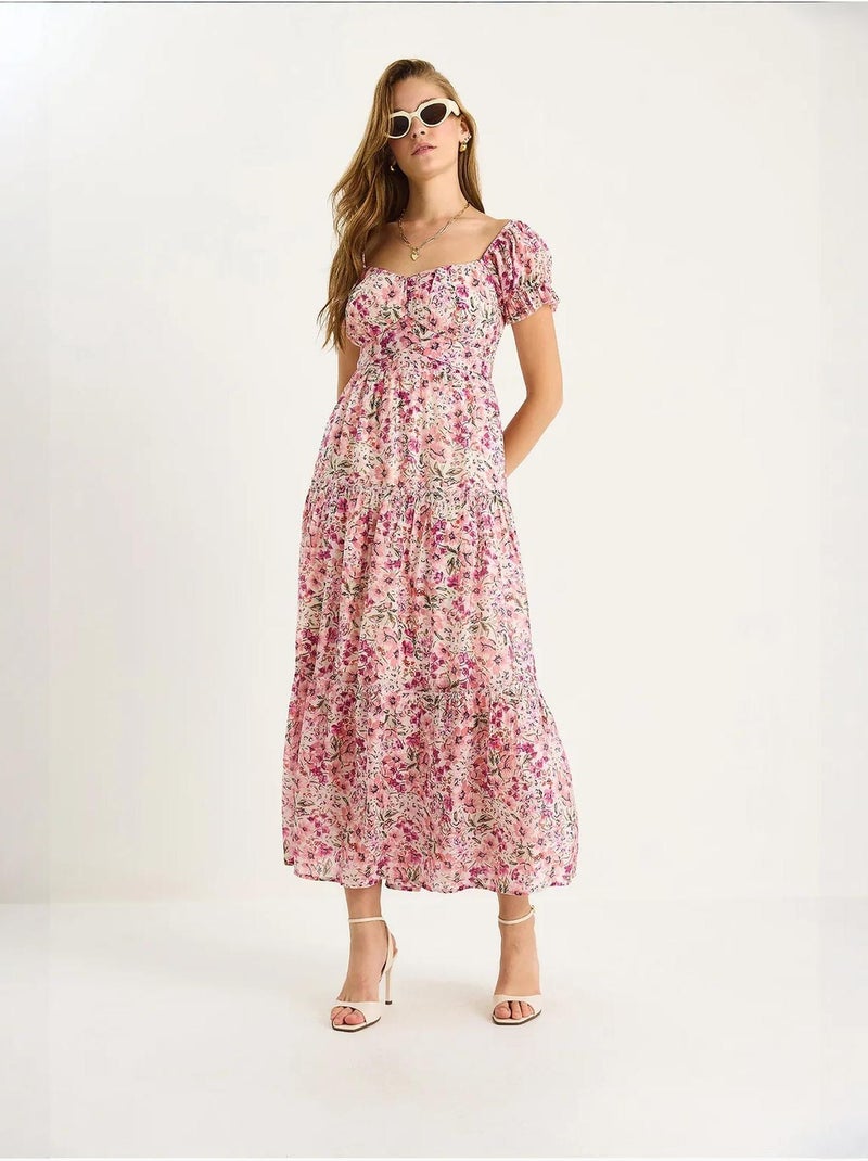 Abito midi con colletto a cuore e stampa floreale lucci Rosa chiaro - Kiabi