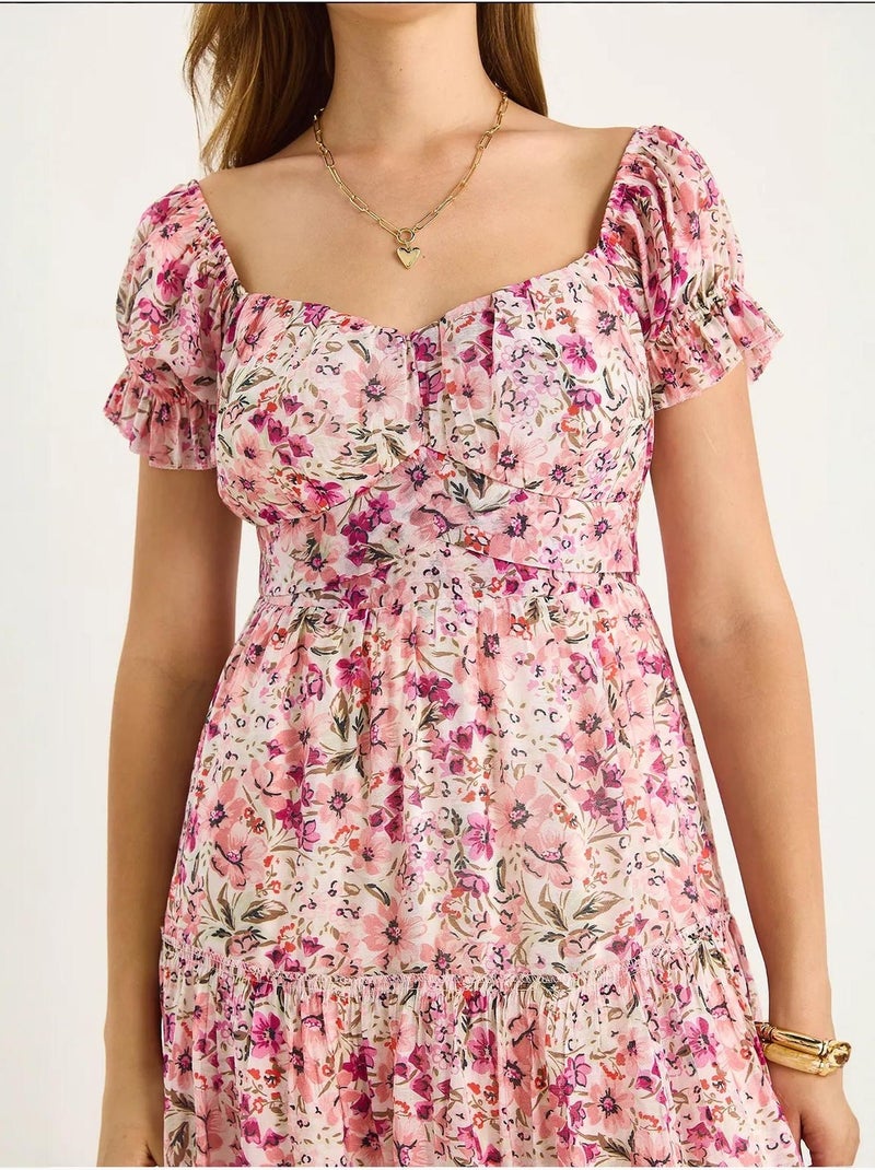 Abito midi con colletto a cuore e stampa floreale lucci Rosa chiaro - Kiabi