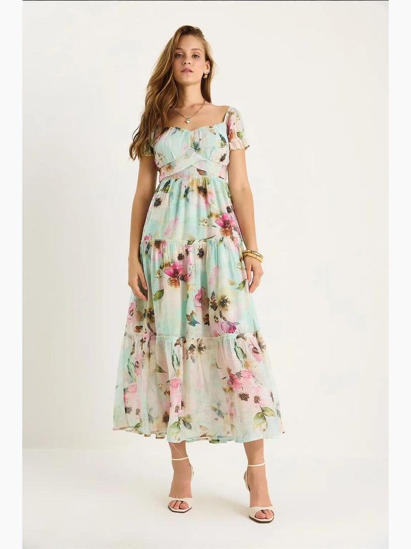 Abito midi con colletto a cuore e stampa floreale lucci Verde menta - Kiabi