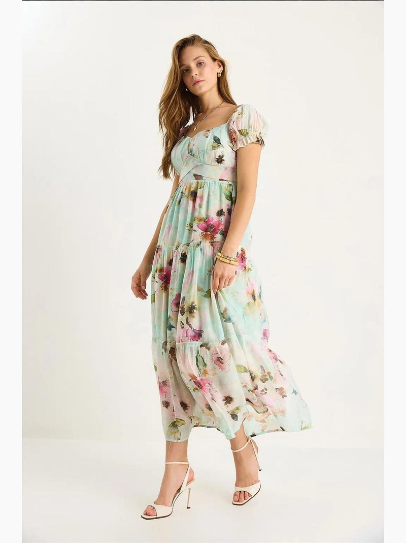 Abito midi con colletto a cuore e stampa floreale lucci Verde menta - Kiabi