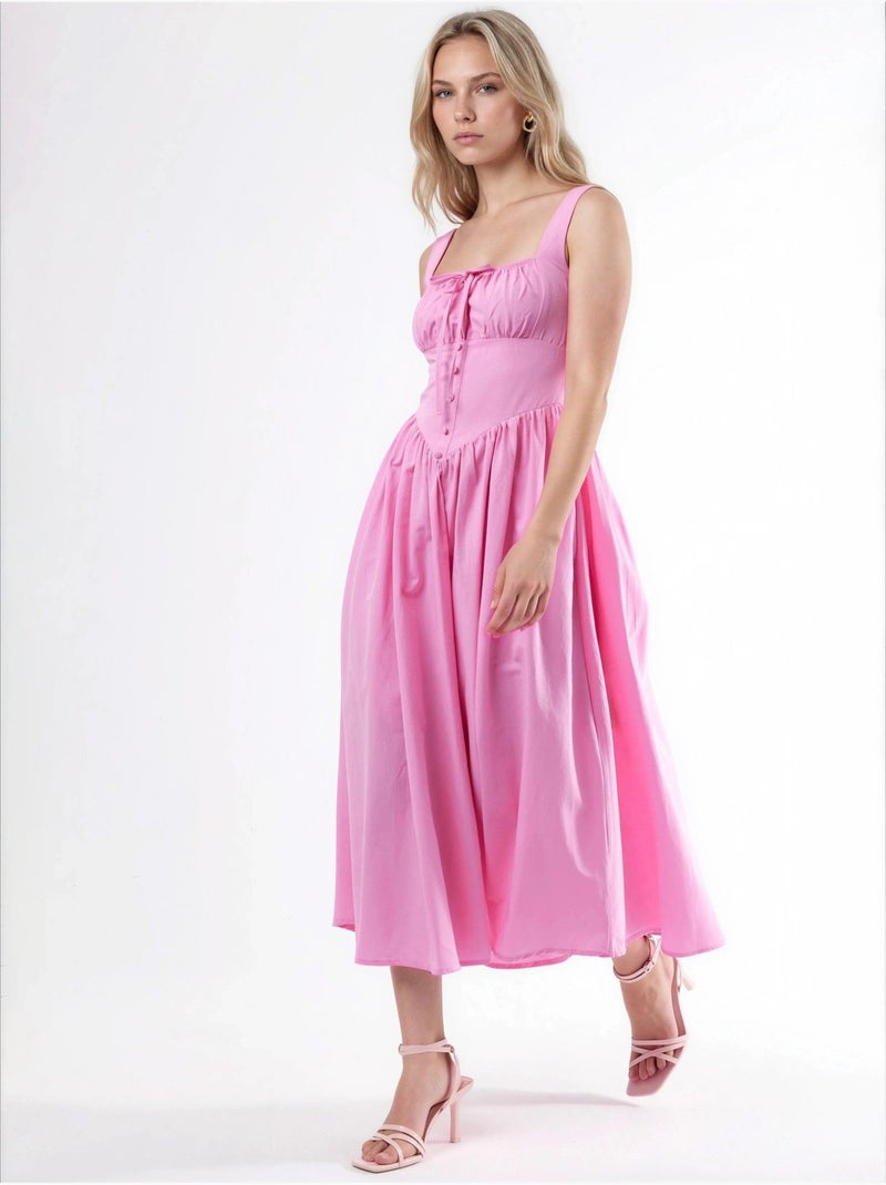 Abito midi con colletto quadrato e dettaglio bottoni busem Rosa confetto - Kiabi