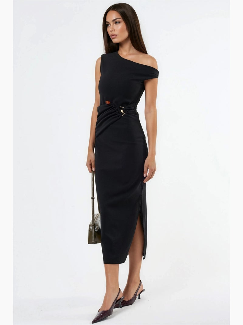 Abito midi con collo asimmetrico e dettagli accessorio busem Nero - Kiabi