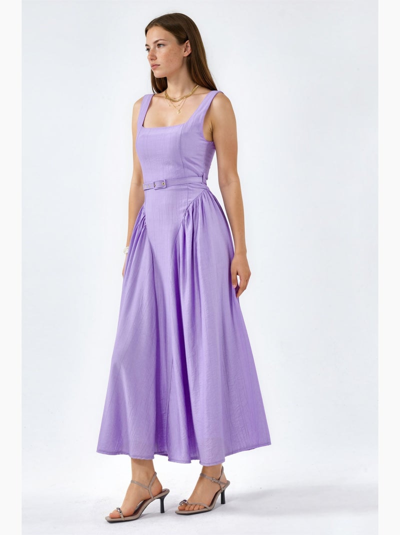 Abito midi con collo quadrato e cintura busem Blu lavanda - Kiabi