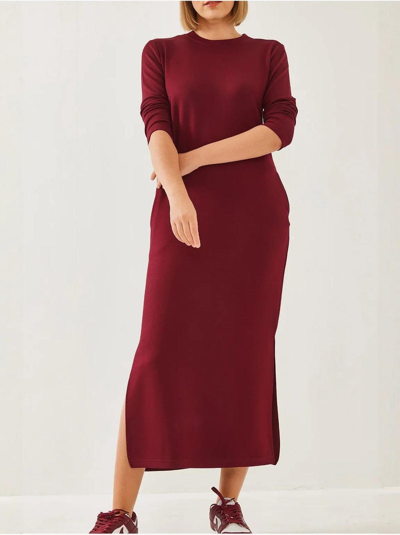 Abito midi con girocollo, maniche lunghe e spacco lucci Rosso bordeaux - Kiabi