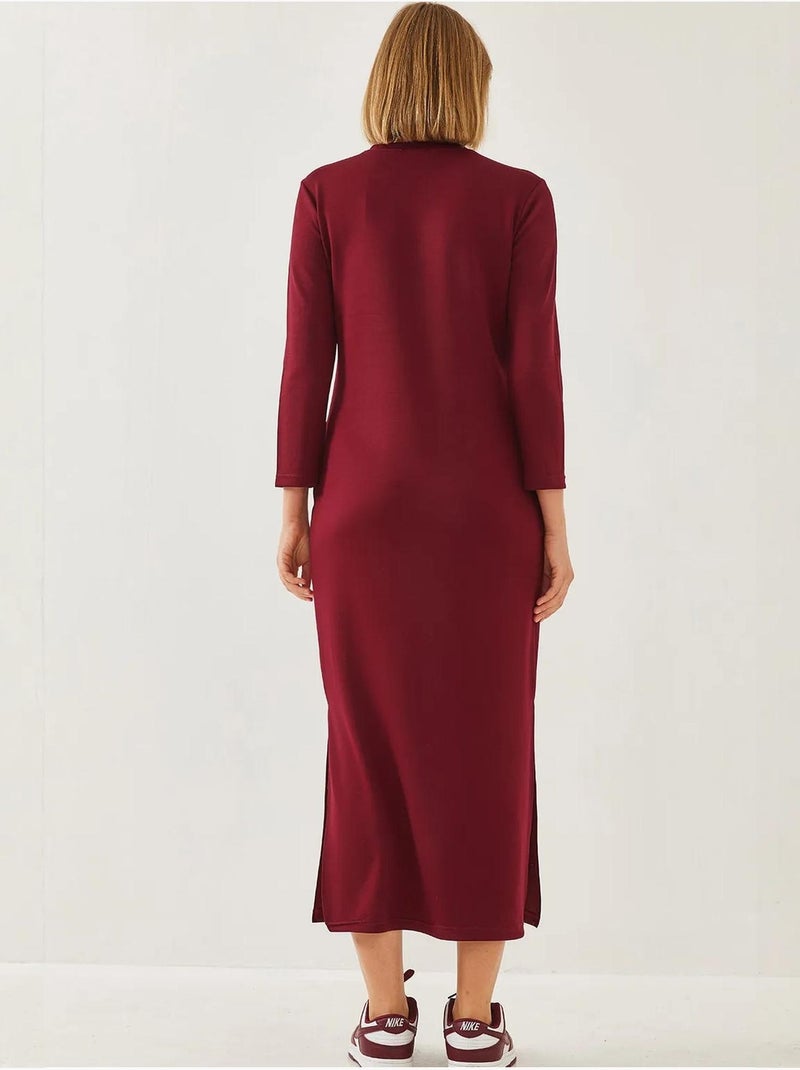 Abito midi con girocollo, maniche lunghe e spacco lucci Rosso bordeaux - Kiabi