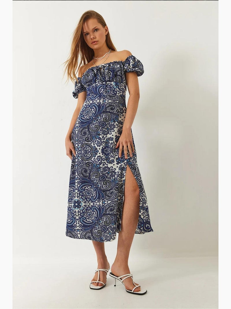 Abito midi con motivo e spacchi sul collo bianco lucci Blu chiaro - Kiabi