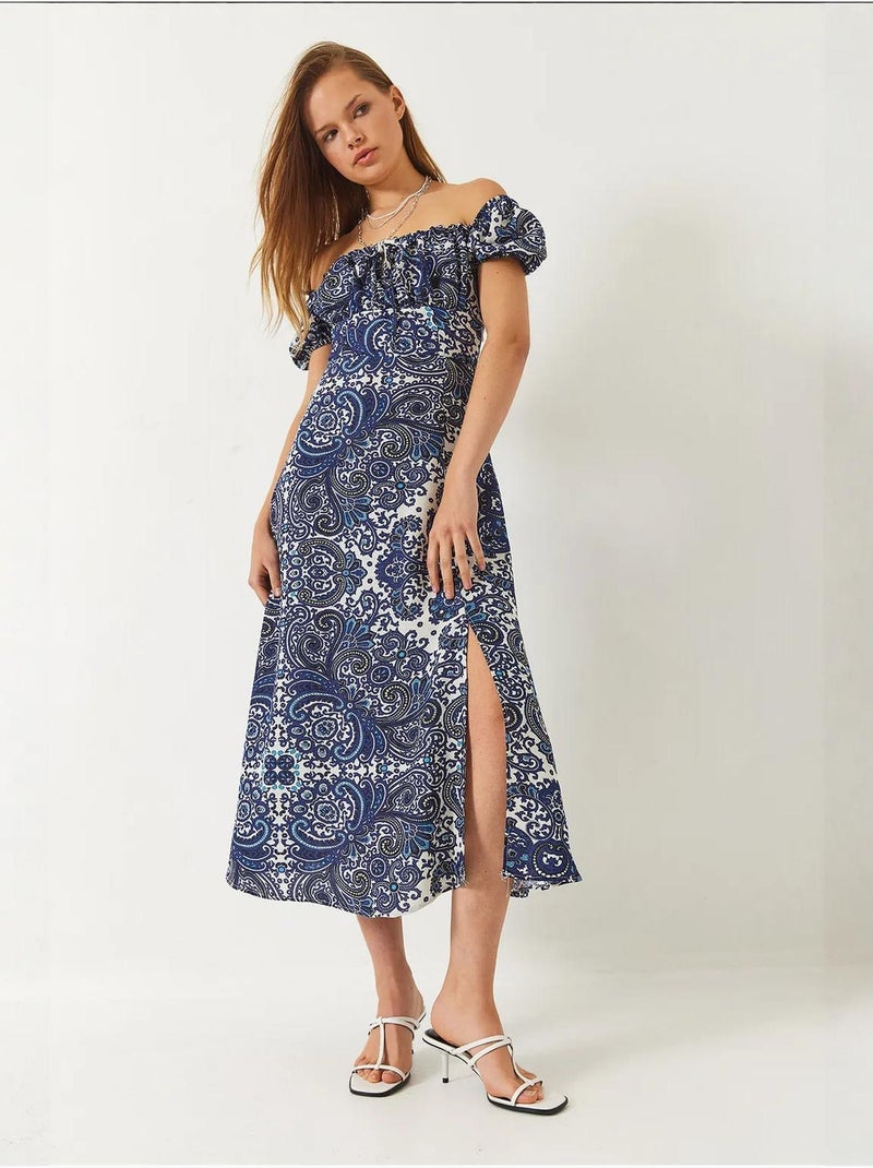 Abito midi con motivo e spacchi sul collo bianco lucci Blu chiaro - Kiabi