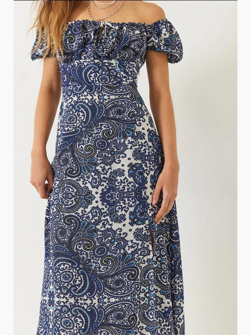 Abito midi con motivo e spacchi sul collo bianco lucci Blu chiaro - Kiabi