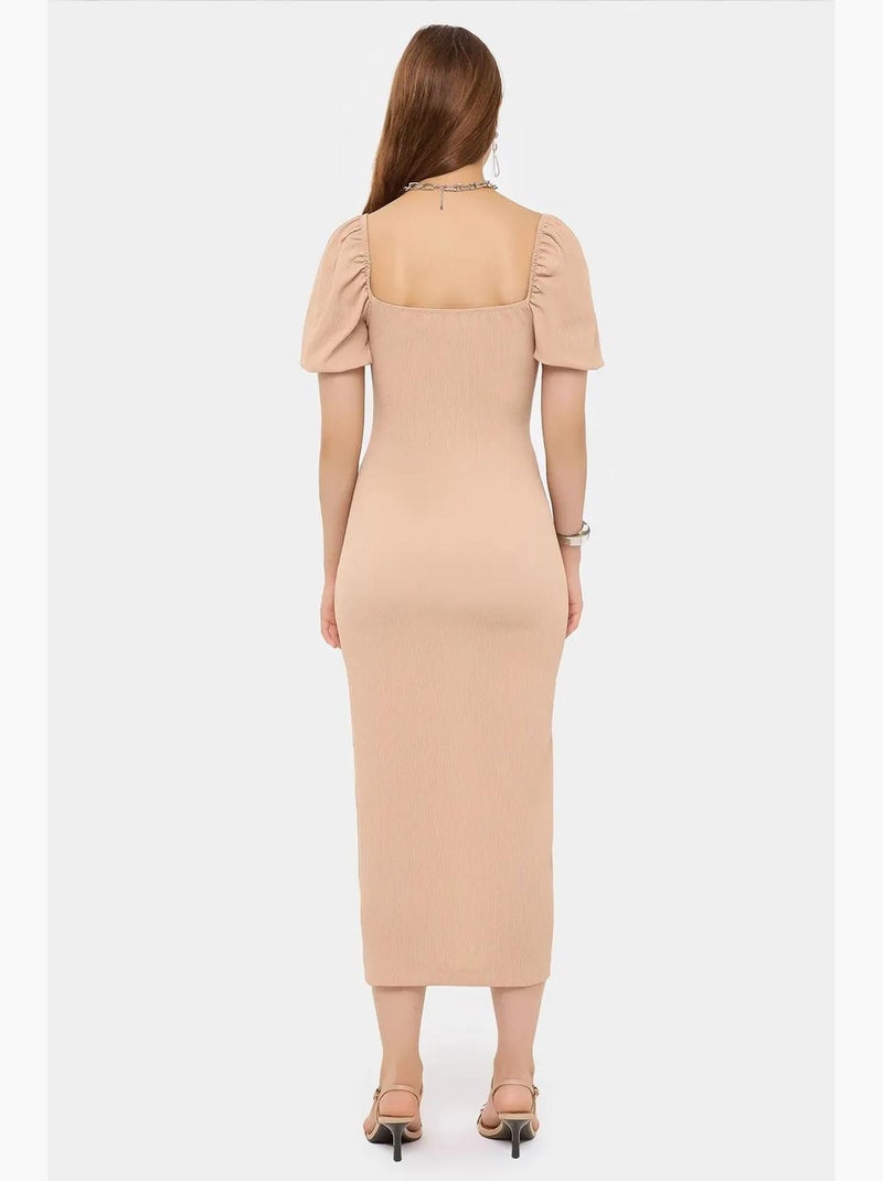 Abito midi con scollo a cuore e maniche a sbuffo con spacco laterale hiccup Beige naturale - Kiabi
