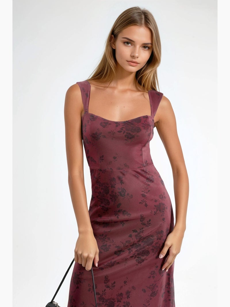 Abito midi con scollo a cuore e motivo floreale hiccup Rosso bordeaux - Kiabi